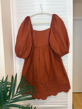 Mango 100% Cotton Rust Puff Sleeve Mini Dress with Eyelet Detail Size U.S. 2